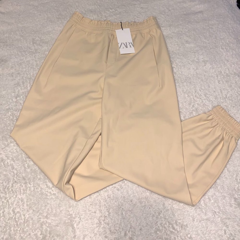 Zara Faux Leather Joggers - Sand, Size Small